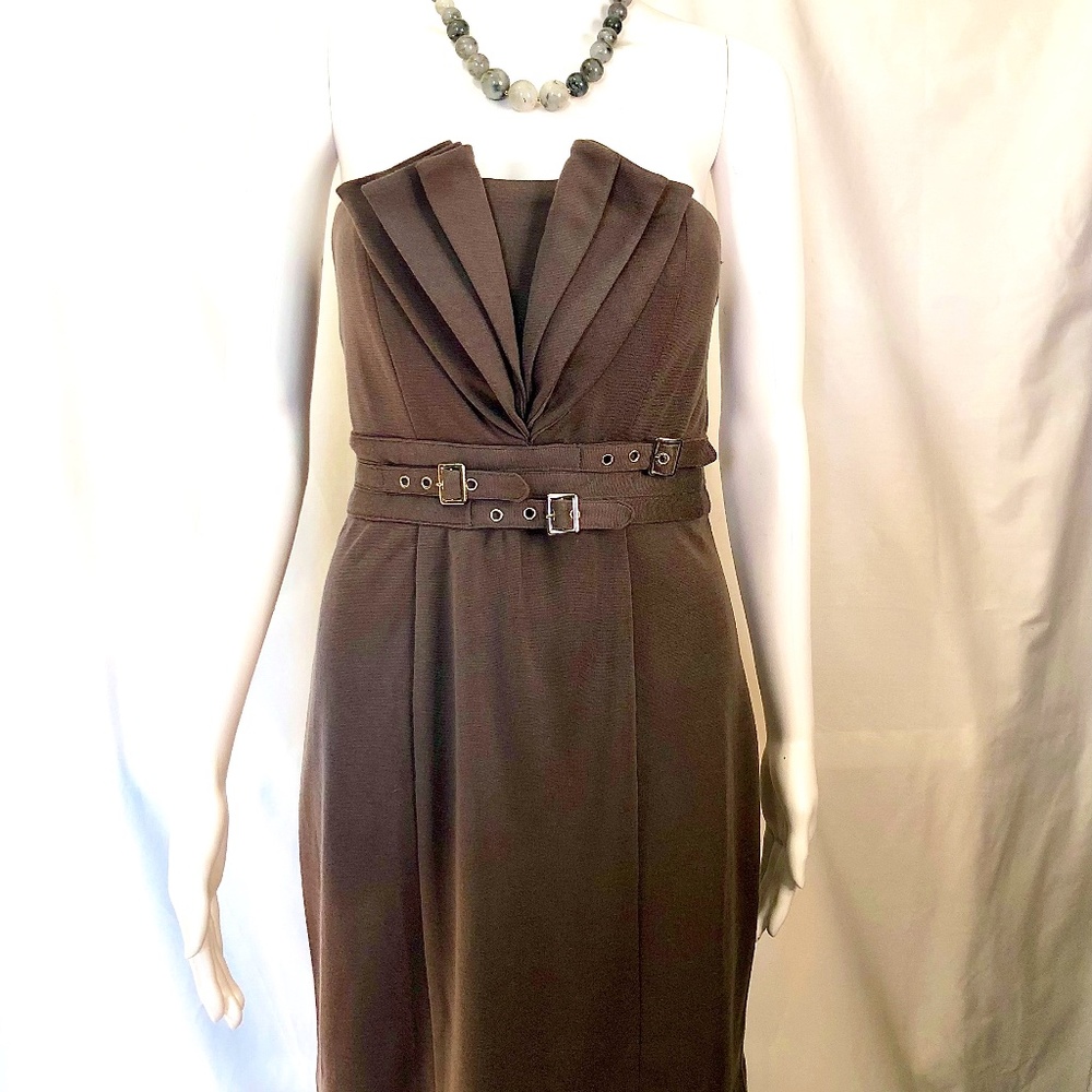 TCEC Strapless Brown Grey Belted mini Sheath Dress Gorgeous sculptural bodice LG